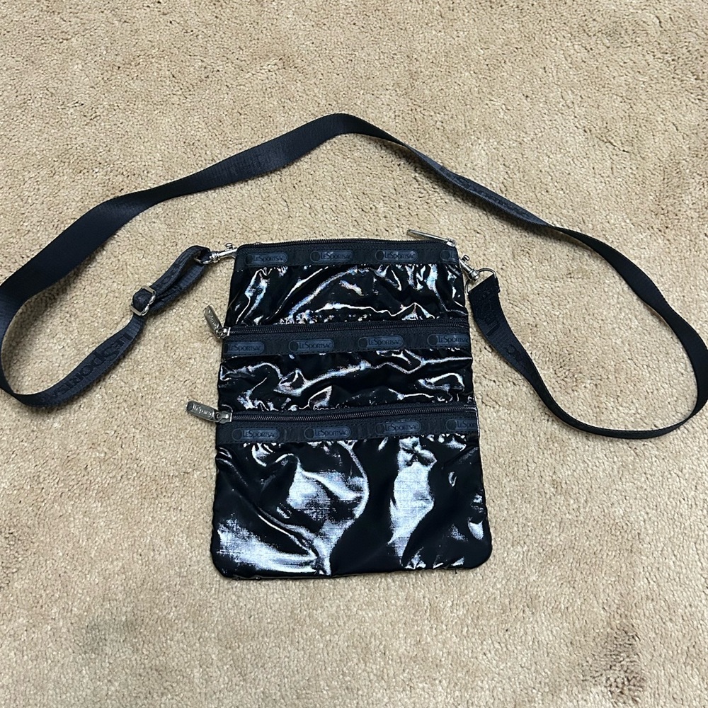 LeSportsac Black “Patent” triple zipper crossbody bag - Y2K vibes